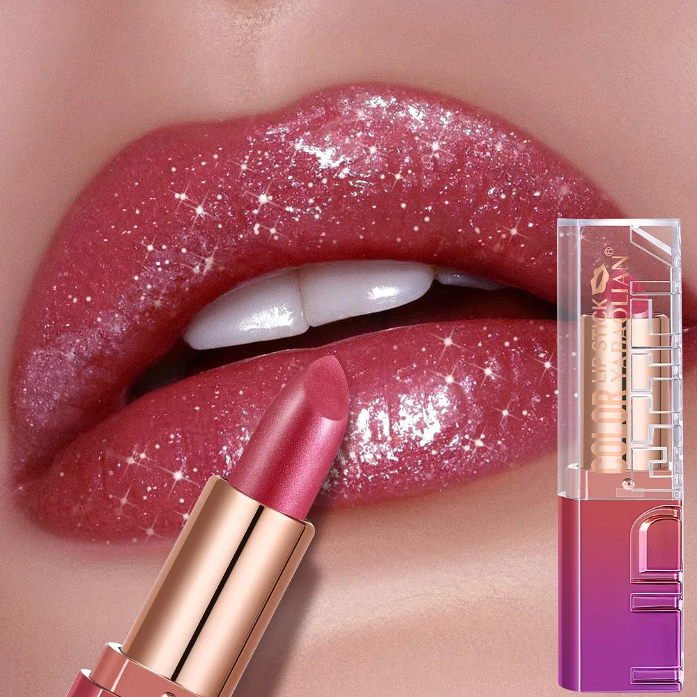 Schimmernder, perlmuttfarbener, glänzender Lippenstift mit goldenem Glitzer, hochpigmentiert, metallisch-glänzend, diamant-glamourös, luxuriös, kräftiger Glitzer-Lippen-Make-up_voghion.com