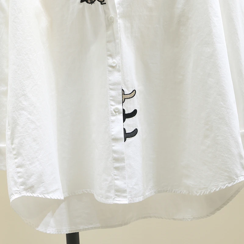 Spring and Autumn New Cute Cat Embroidery Pure Cotton Breathable Shirt for Women, Korean Style Casual Age-Reducing Versatile Student Layered Long-Sleeve White Shirt Top 4