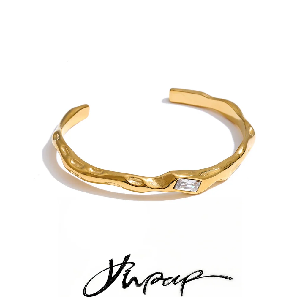 Yhpup 60mm Stainless Steel Zirconia Cuff Bracelet