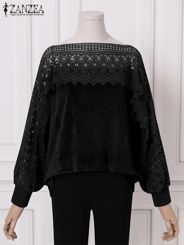 Women Autumn Elegant Lace Patchwork Long Sleeve Sweater