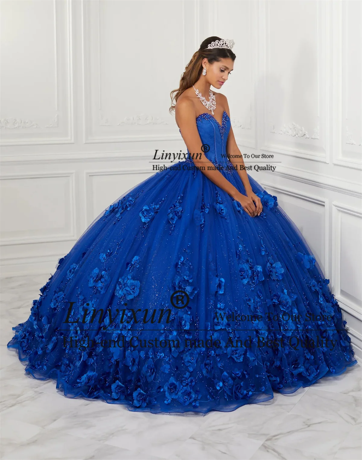 

3D Floral Tulle Quinceanera Dresses Sweetheart Sleeveless Ball Gown Sweet 16 Dress Lace Up Court Train Vestidos De 15 Años