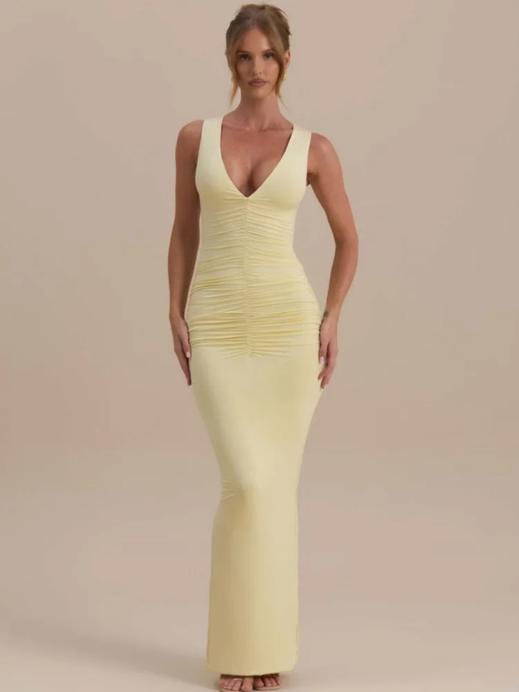 Blifanbo Deep V Neck Sexy Maxi Dress Women Elegant Bodycon Sleeveless Back Split Ruched Club Party Long Dress Female Clothes