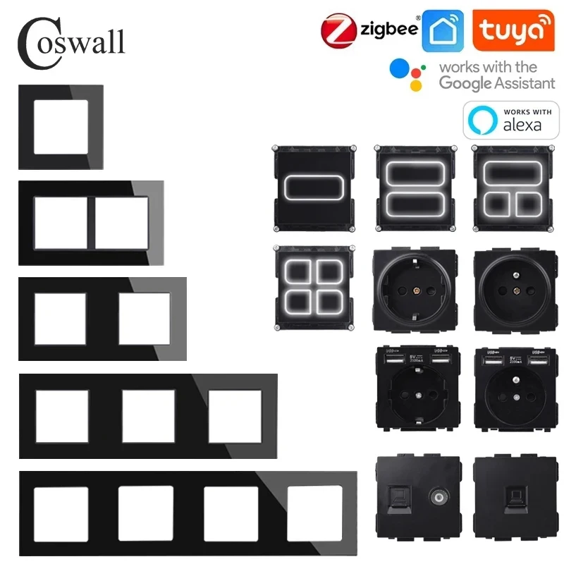 Pannello In Vetro Nero Coswall Zigbee 3.0 Tuya 1/2/3/4 Interruttore Gang Con Normale Presa Eu Caricatore Usb Tv Rj45 Moduli Fai Da Te 37