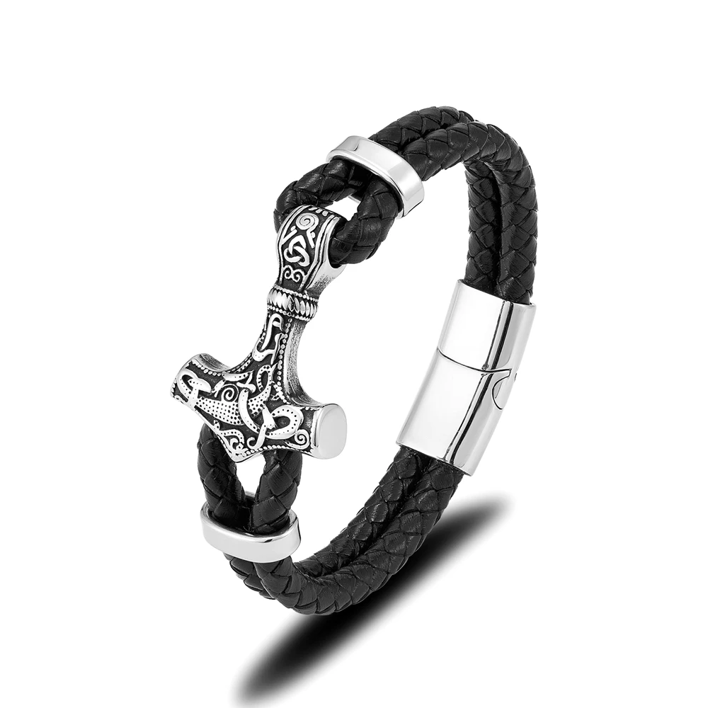 MKENDN – Bracelet en cuir véritable pour homme, Style viking, tressé, multicouche, acier inoxydable, marteau de Thor nordique, Mjolnir