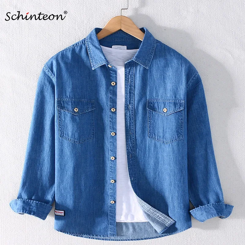 Denim Shirt Men Cotton Long Sleeved Two Front Pockets Turn-down Collar Casual Autumn