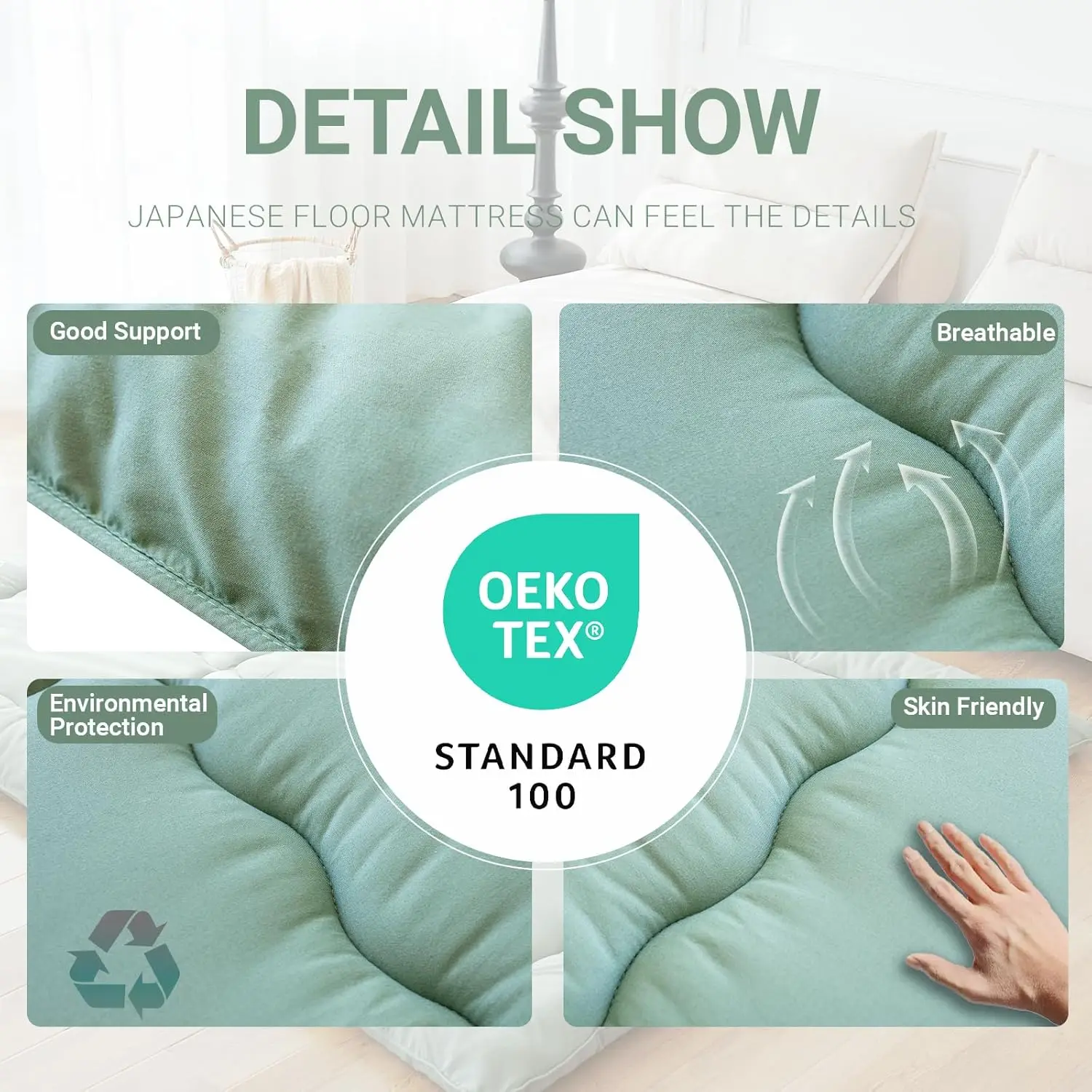 Japanese Floor Mattress. Twin Size 39"x80". Foldable Tatami. Portable Roll Up. For Adults, Dormitory, Camping. Green.