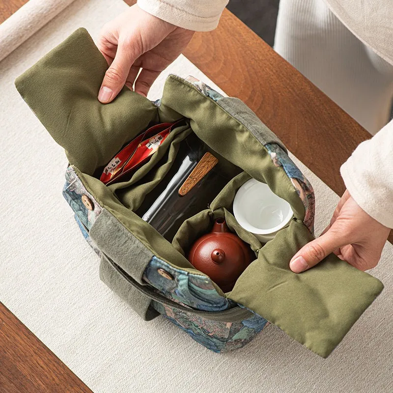 Fabric Tea Set Storage Bag Outdoor Travel Portable Tea Bag Teapot Tacup Cover Bowl Large Capacity Handheld Storage ZE969