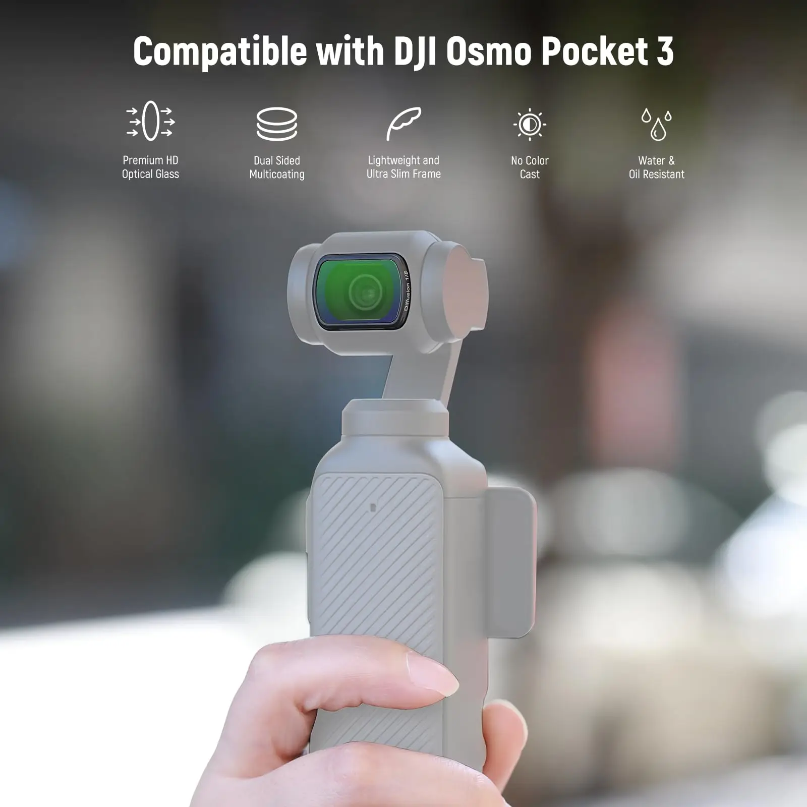 Gros plan sur un filtre CPL pour DJI, montrant la monture métallique et le verre, parfait pour améliorer vos vidéos aériennes.
