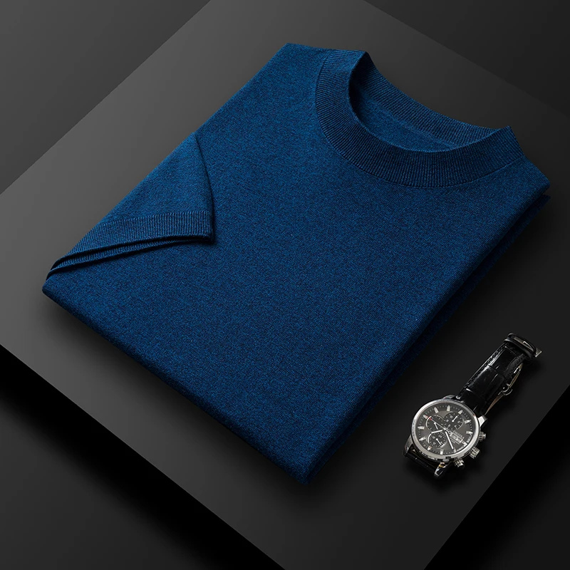 High Quality Mulberry Silk Lyocell Thin Tees Men's Spring Casual O-Neck Sheep Wool Knitwear Short Sleeve Male Knitting Tops