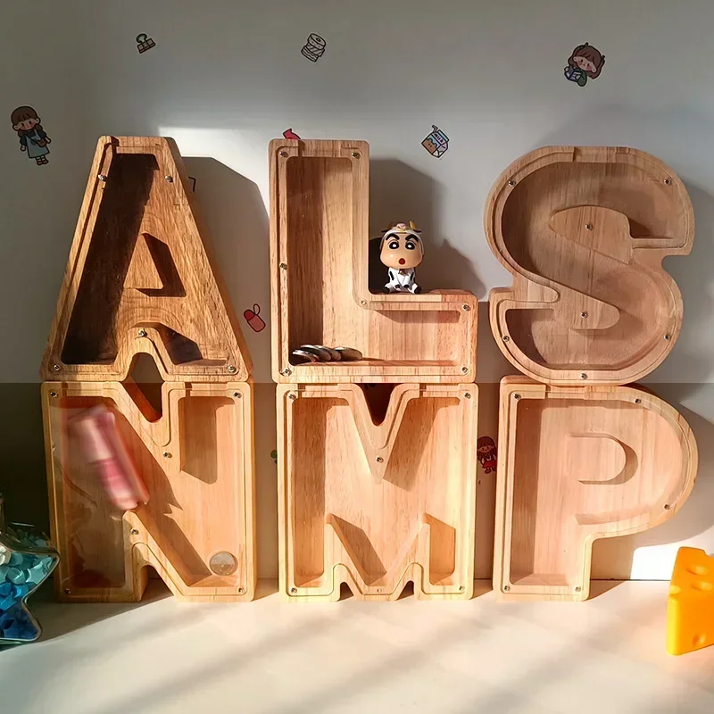 26 English Letters Shape Simple Wooden Piggy Bank Cash Register Coin Home Ornaments Souvenir Crafts Kids Gifts wooden piggy bank piggy bank wooden money box coin saver coin holder coin bank