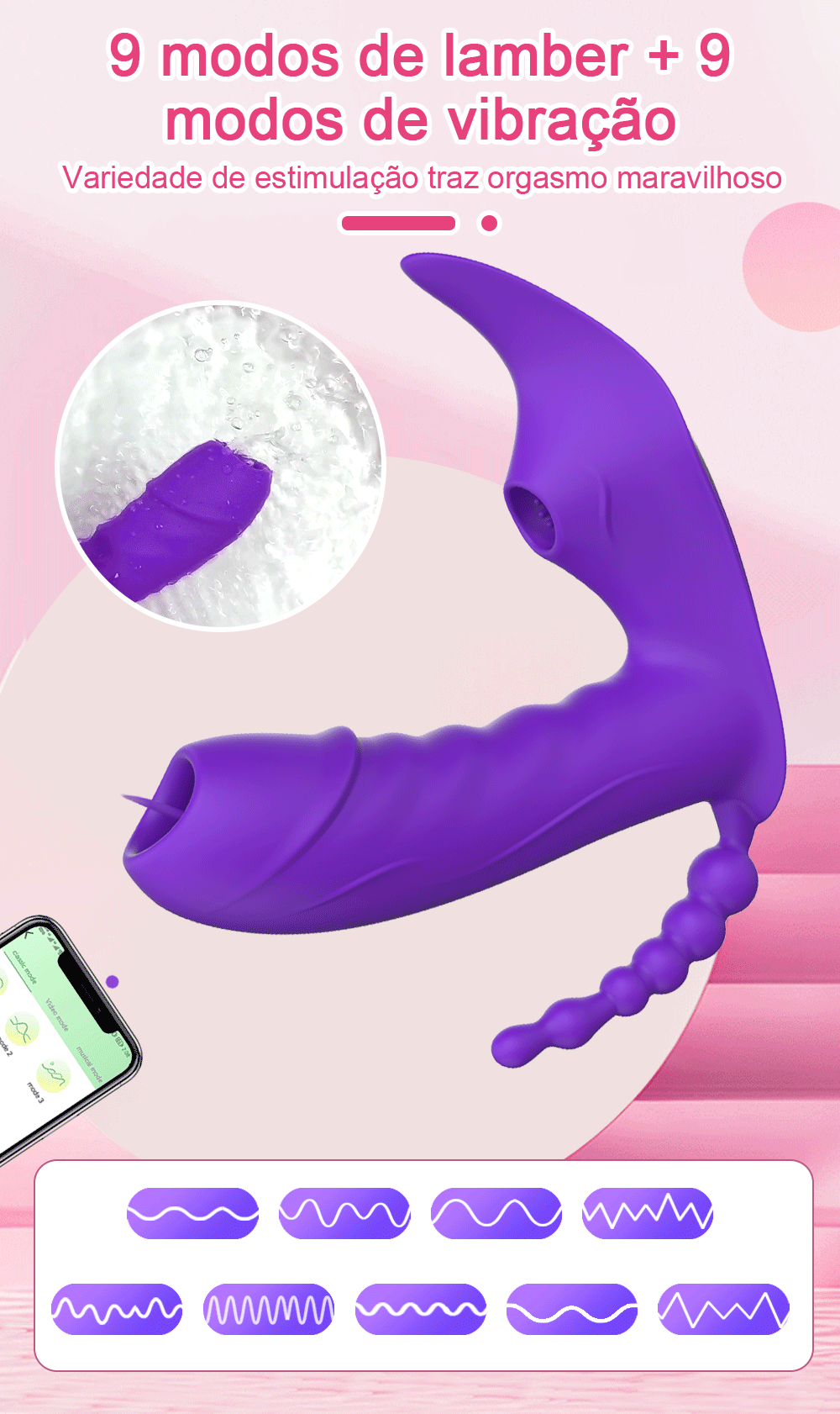 Vibrador Feminino Sem Fio 3 em 1 Bluetooth Controle via App