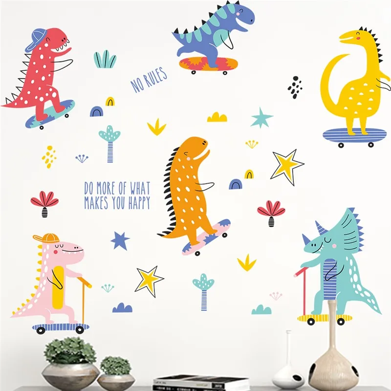 

Милые динозавры, катание на коньках, наклейки на стену для детской спальни, украшение для дома, «сделай сам», животные, игра, роспись, искусство для мальчиков, наклейки