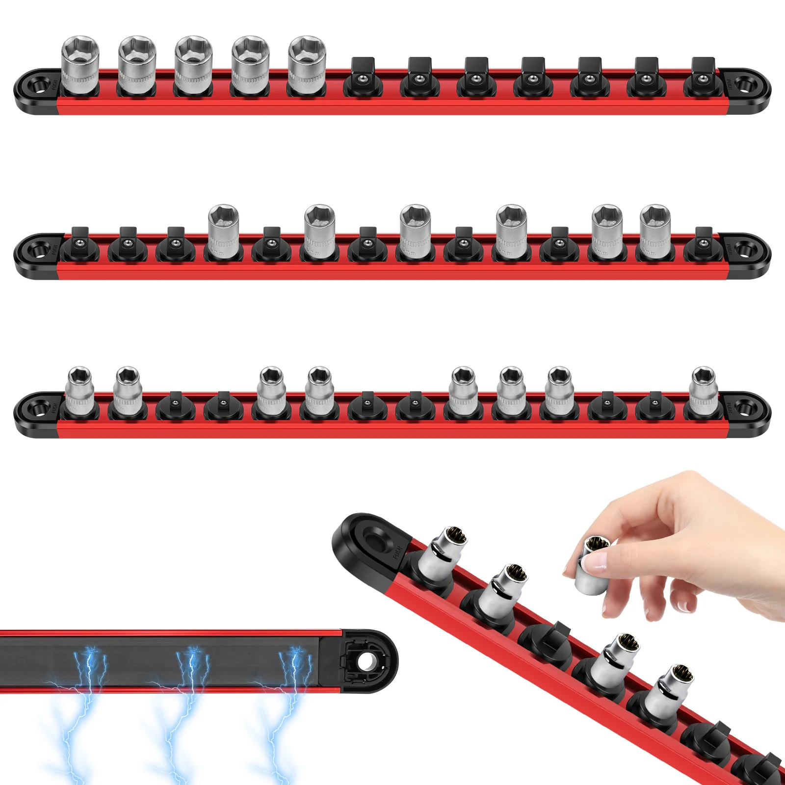 ชุดรางจัดระเบียบซ็อกเก็ตแม่เหล็ก 3 ชิ้น สแตนเลส พร้อม 12/14 360 °   คลิปหนีบแบบหมุนได้สำหรับกล่องเครื่องมือสำหรับช่างซ่อม DIY 1