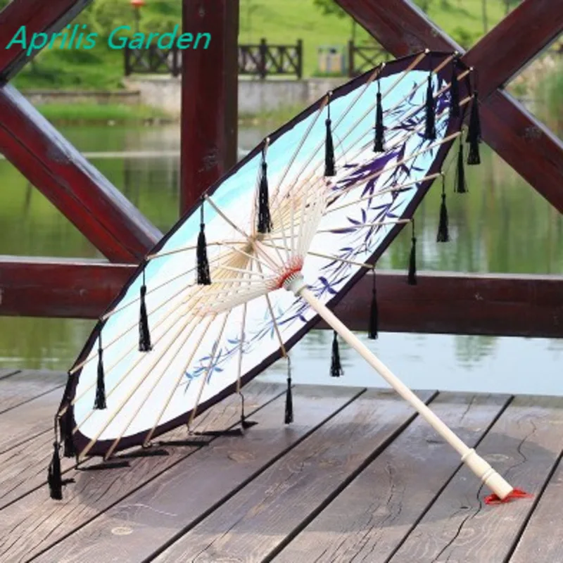 New Bamboo Oiled Paper Umbrella Women Tassels Yarn Ribbon Hanfu Umbrella Woman Parasol  Retro Performing Japanese Chinese Style 5