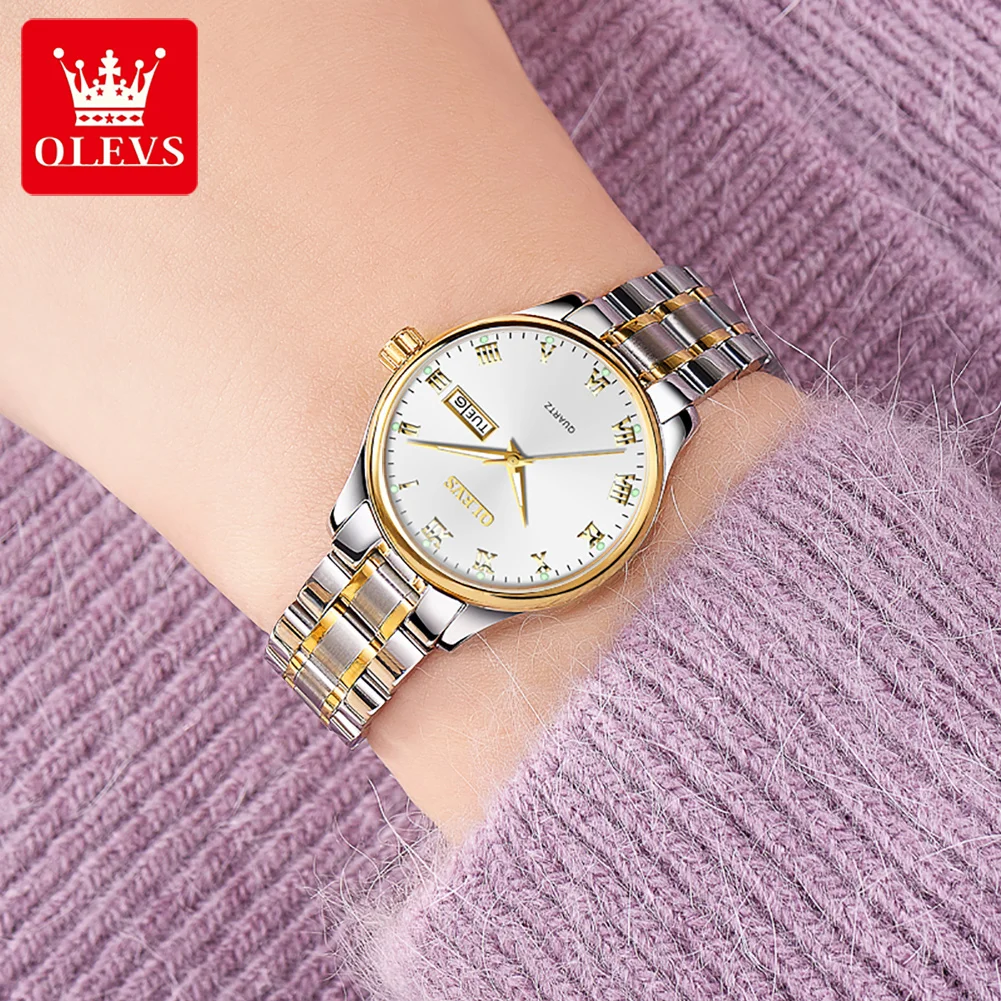 OLEVS Fashion Quartz Watch for Women Stainless Steel Dual Calendar Dial Waterproof Luminous Casual Elegant Ladies Wristwatches