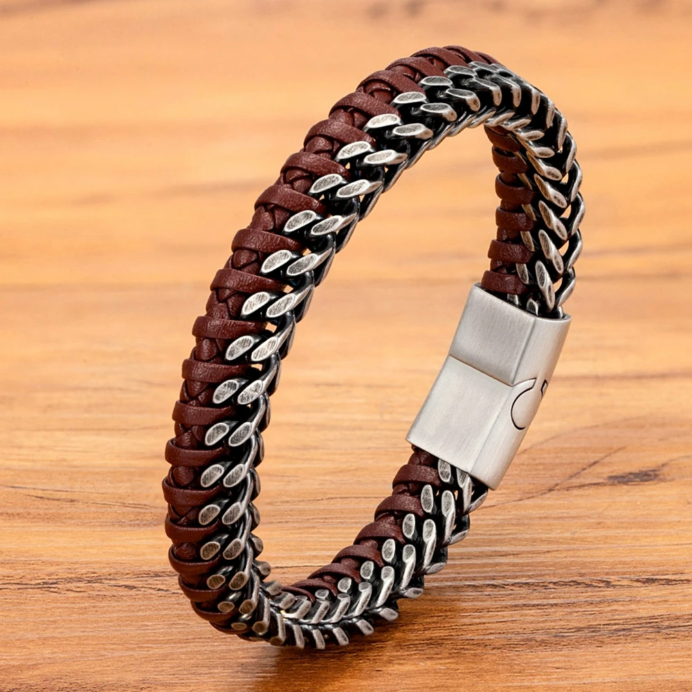 TYO новая модель мужские подарки Pulseira ювелирные изделия серебряный цвет золото черный широкий браслет из натуральной кожи с цепочкой из нержавеющей стали