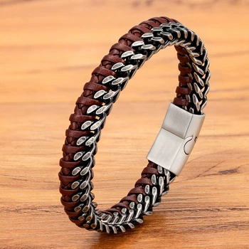 TYO New Fashion Stainless Steel Double Chain Braid Leather Mens Bracelet with Magnetic Buckle Best Gifts Whoesale Dropshipping