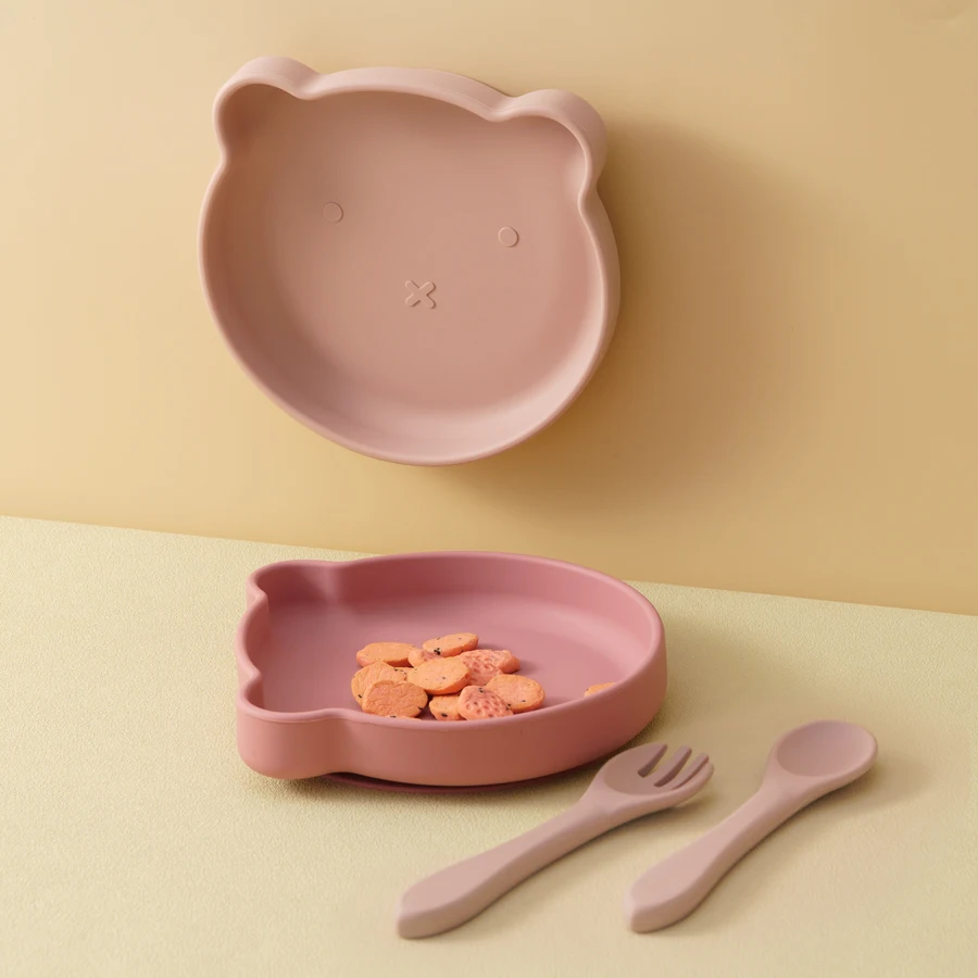 3PCS Silicone Baby Dishes Soft Spoon Fork Cartoon Bear Plate Suction Lunch Box Solid Color Baby Food Storage Toddler Tableware 2