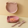 3PCS Silicone Baby Tableware Snack Dishes Soft Spoon Fork Cartoon Bear Plate Solid Color Baby Food Storage Suction Lunch Box 3