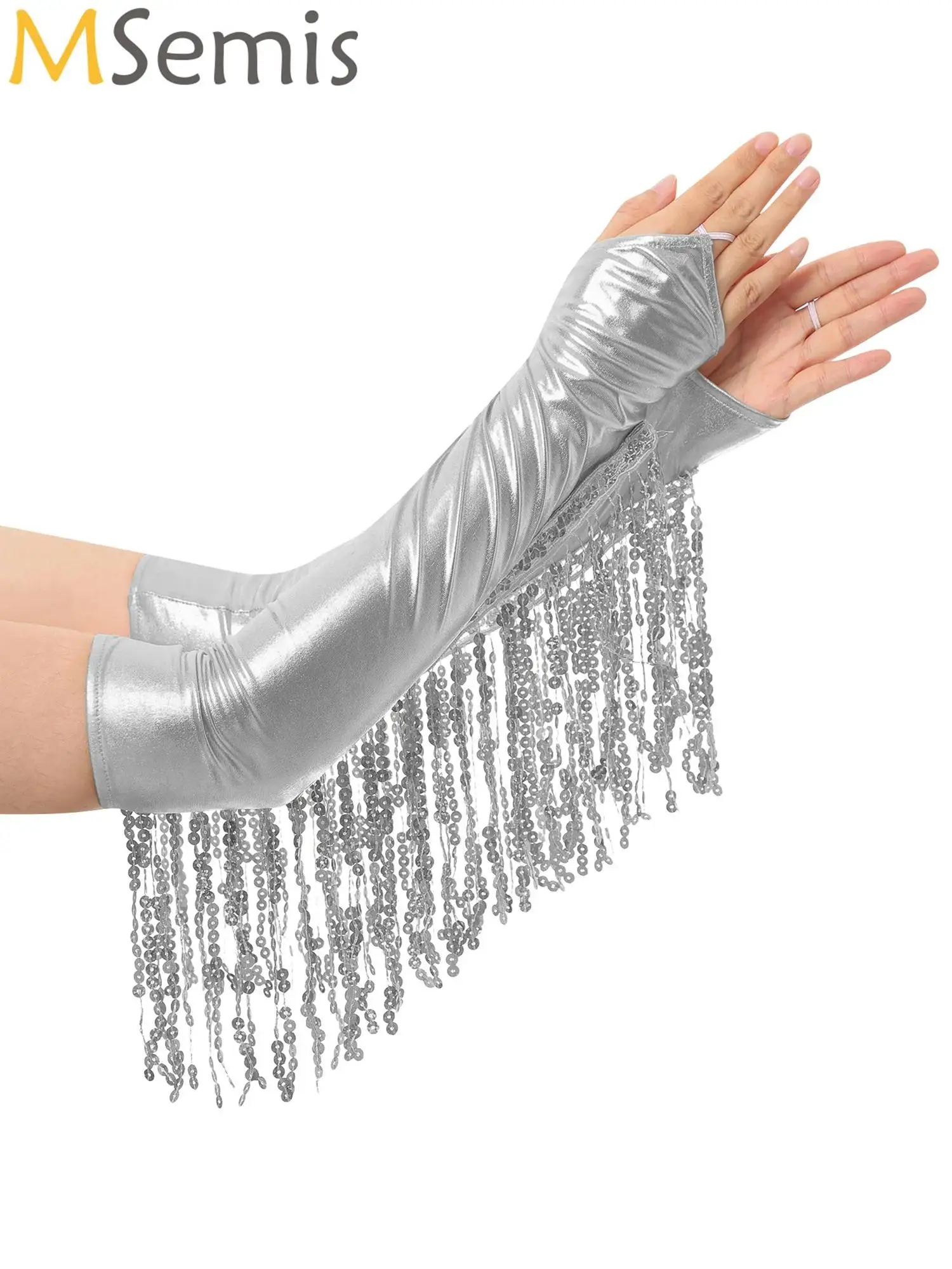 1 paire de gants métalliques dorés et argentés mouillé
