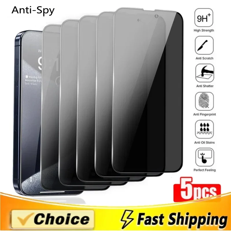 

5PCs anti-spy glass for iPhone 15 14 13 12 11 pro Max privacy screen protectors for iPhone Xs Max XR 7 8 plus se tempered glass