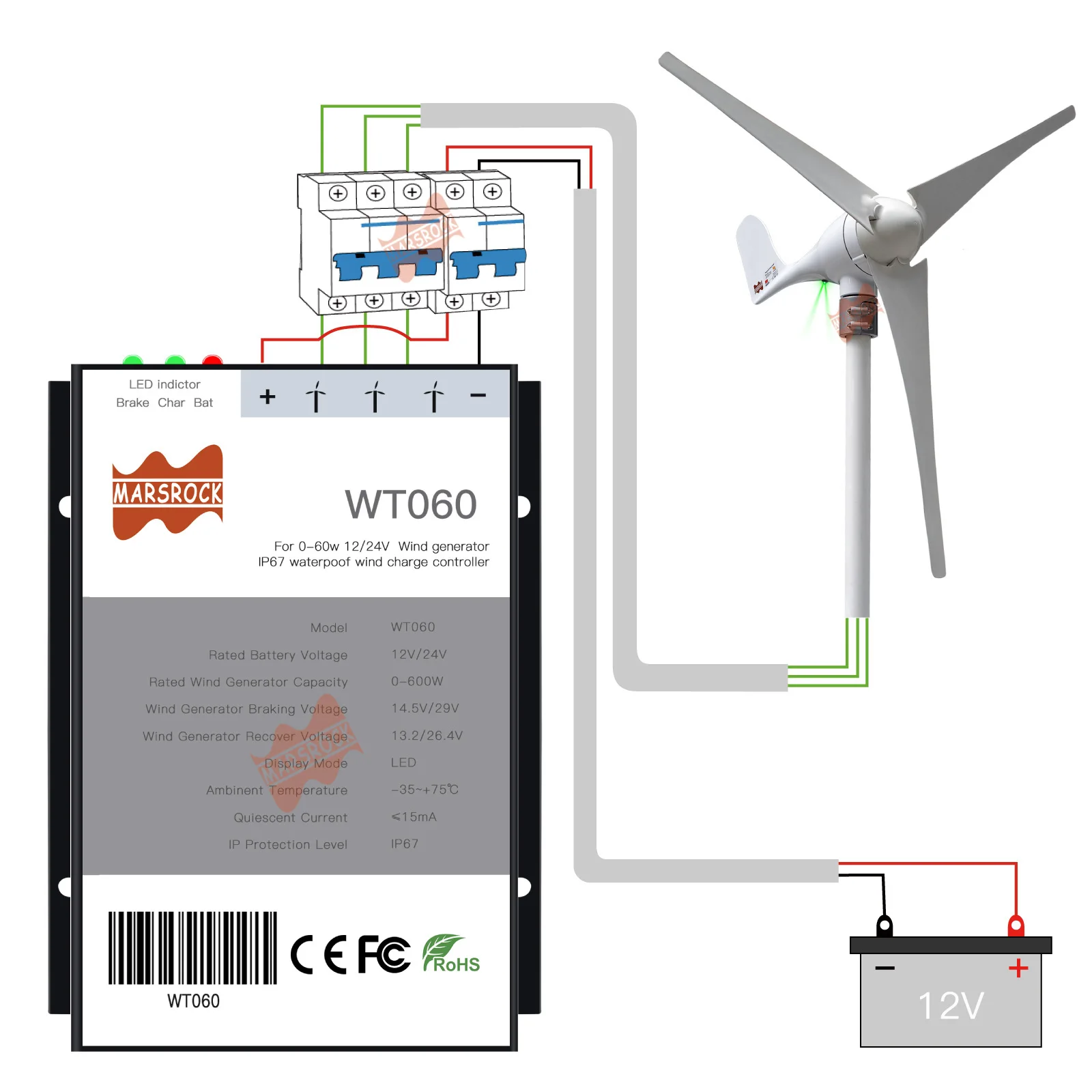 Controlador PWM de viento de 600W para turbina eólica automática, regulador de generador, cargador de energía eólica de CC, molino de viento a prueba de agua, sistema IP67, 12 y 24V