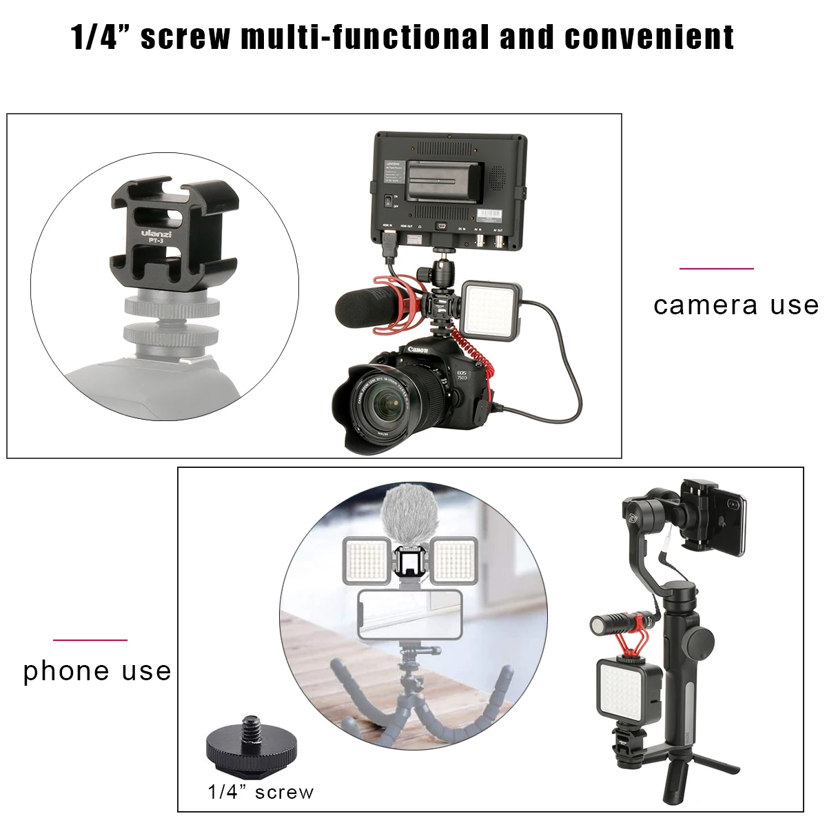 Ulanzi PT-3 Triple Hot Shoe Mount Adapter Microphone Extension Bar For Zhiyun Smooth 4 DJI Osmo Pocket Gimbal