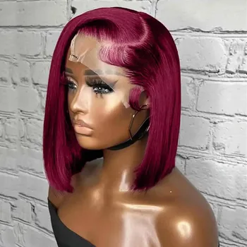 99J Burgundy Bob Wig 13x4 Lace Front Short Wigs 200%Density Straight HD Transparent Lace Frontal Wig Pre Plucked Human Hair 100% 1