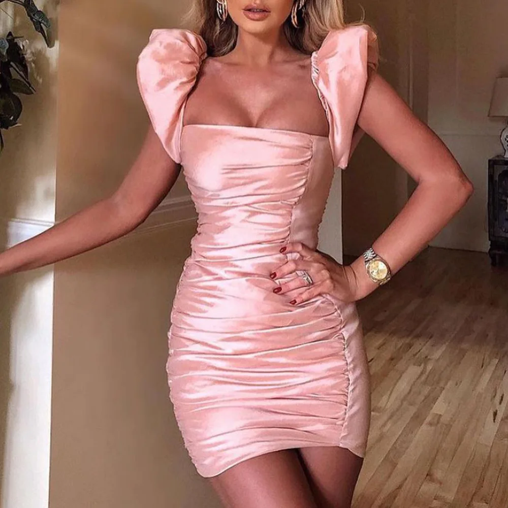 

KOYOUN Sexy Square Collar Puff Straps Bright Satin Stretch Slim Fit Party Nightclub hip-hugging Mermaid Mini Evening Dress