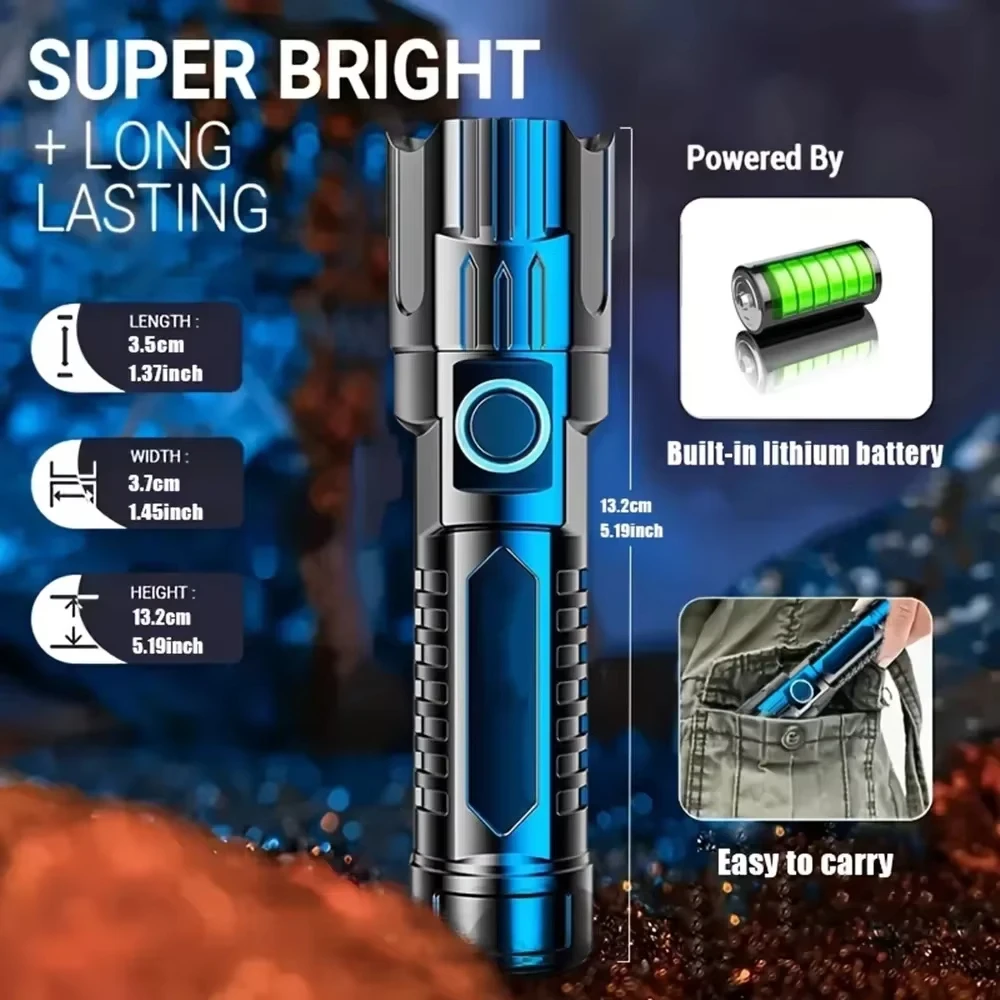 강력한 LED 손전등 USB C 충전식 줌 가능 서치라이트 3가지 모드 휴대용 손전등 (야외 캠핑, 사냥용)