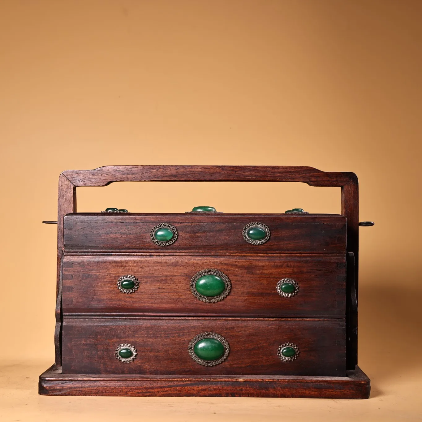 

13"Tibetan Temple Collection Old Rosewood Grave Mosaic Gem Portable lunch Box Food Box Storage box Amass wealth Ornaments