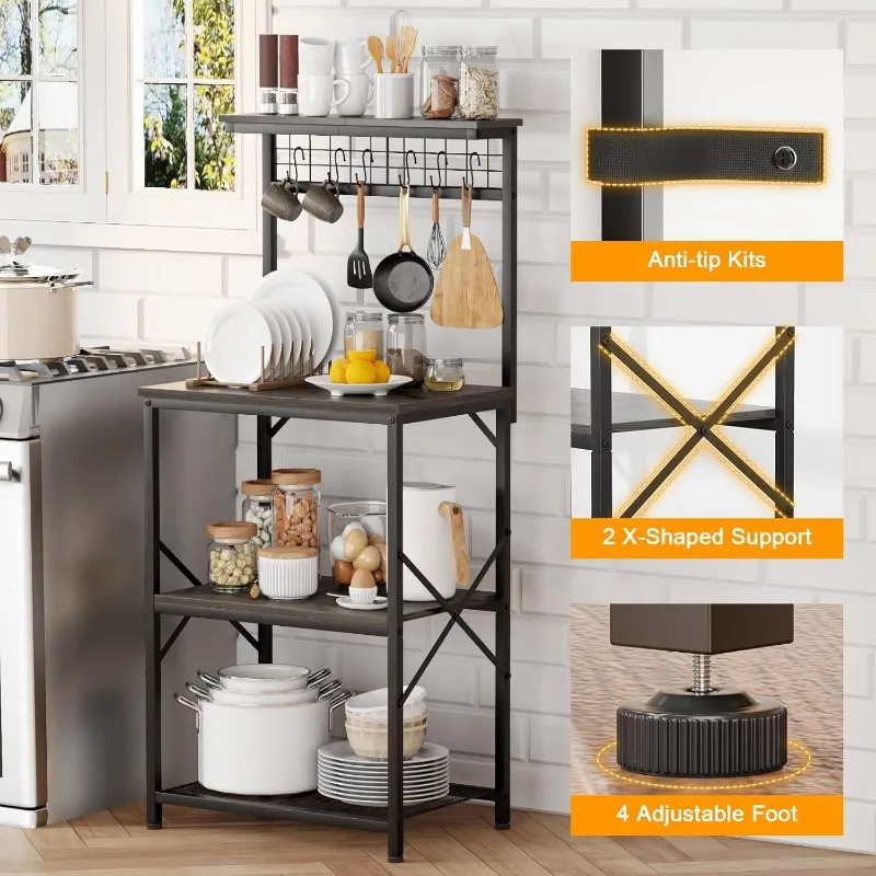 Kitchen Bakers Rack, Microwave Stand with Storage 4 Tiers, Coffee Bar Station with 6 S Hooks and Pegboard 5