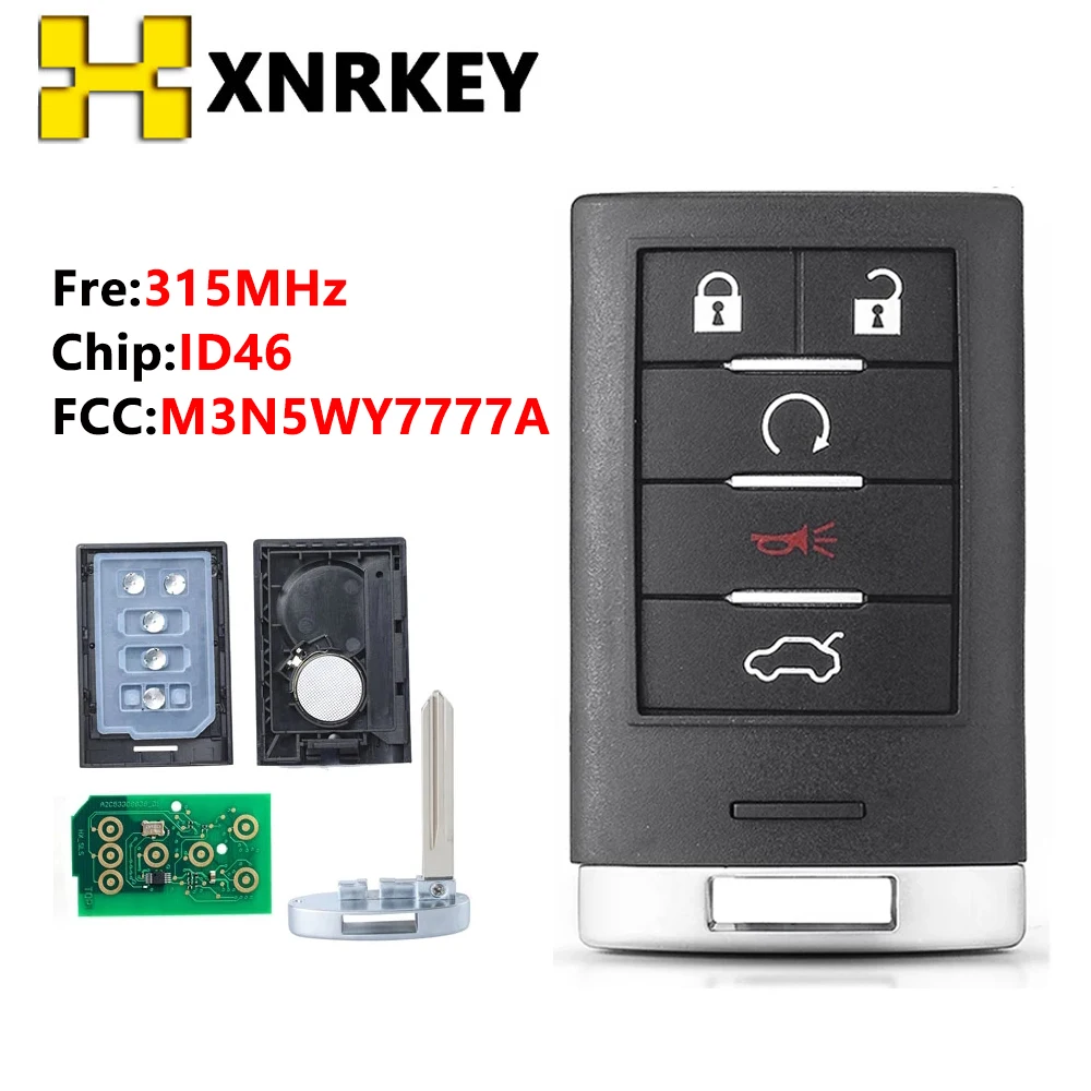 

XNRKEY M3N5WY7777A Remote Smart Car Key for Cadillac SRX CTS XTS DTS 2010-2014 5 Buttons 315Mhz ID46 Chip Keyless-Go