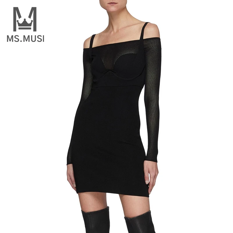 

MSMUSI 2023 New Fashion Women Sexy Strap Off The Shoulder Lace Mesh Long Sleeve Backless Bandage Party Club Bodycon Mini Dress
