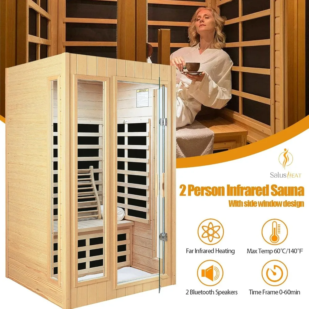 2 Person Sauna,Low EMF Far Infrared Sauna, 1500W Hemlock Wood Sauna Indoor Sauna Infrared Sauna for Home with Bluetooth Speakers 2