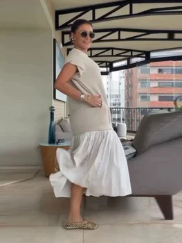 Women Dress Crew Neck Cap Sleeve Color Blocking Midi Dress Loose Fit Pleated Hem Casual Summer Streetwear Office Outfit Dresses 1
