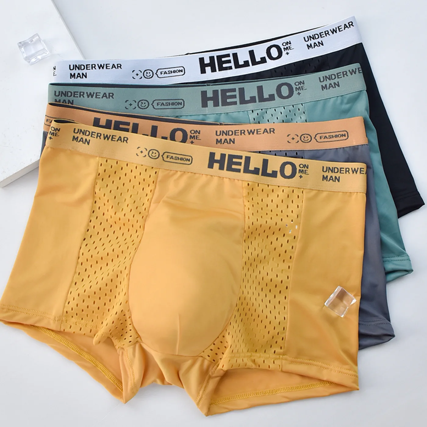

Men's Summer Underwear Hollowed Out Breathable Ice Silk Summer Thin Boxers Seamless Boxers Short Shorts Ice Silk Underwear