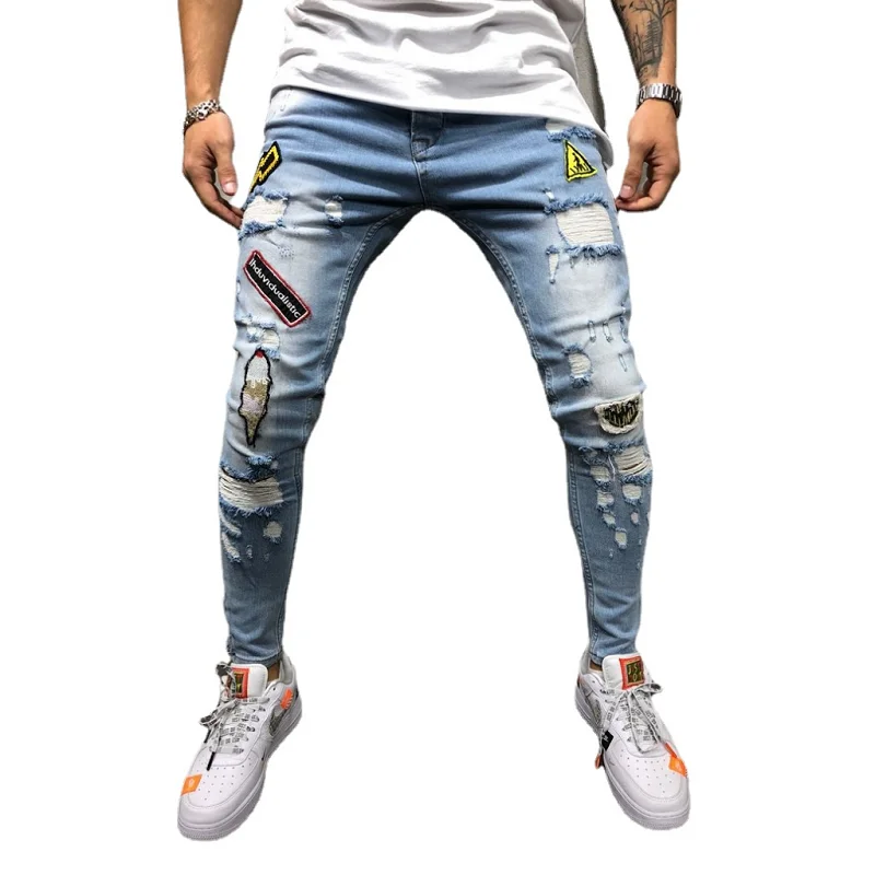 

825 Europe and America Men's Hip-hop High-end Tight Slim Hole Pants New Men's Badge Slim Jeans