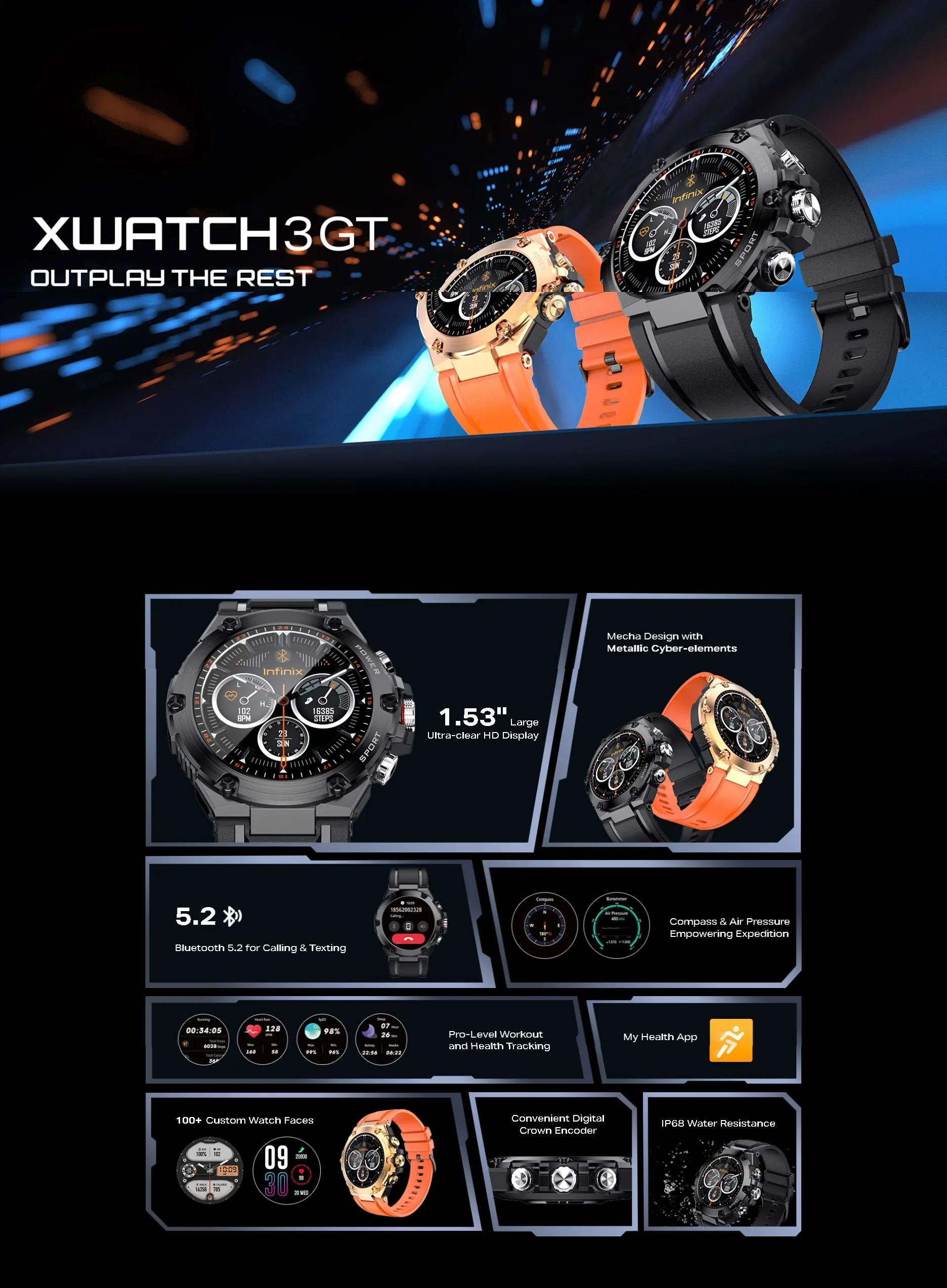 Infinix XWatch 3GT XW3GT Deep Grey EU Smartwatch Unisex Fitness Tracker Heart Rate Monitor Waterproof Activity Tracker - AliExpress