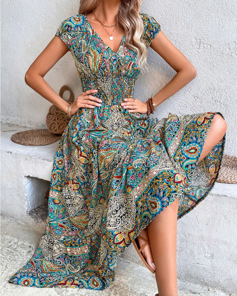 

Baroque Paisley Print V-Neck Ruched Casual Dress Women Short Sleeve High Waist Summer Spring Long Loose Dress