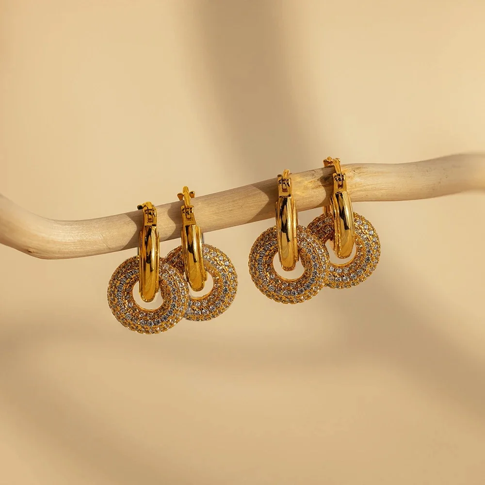 Punk Double Circle Zircon Hoop Earrings for Women Minimalist Gold Plated Stainless Steel Small Round Ear Huggie Fashion Jewelry