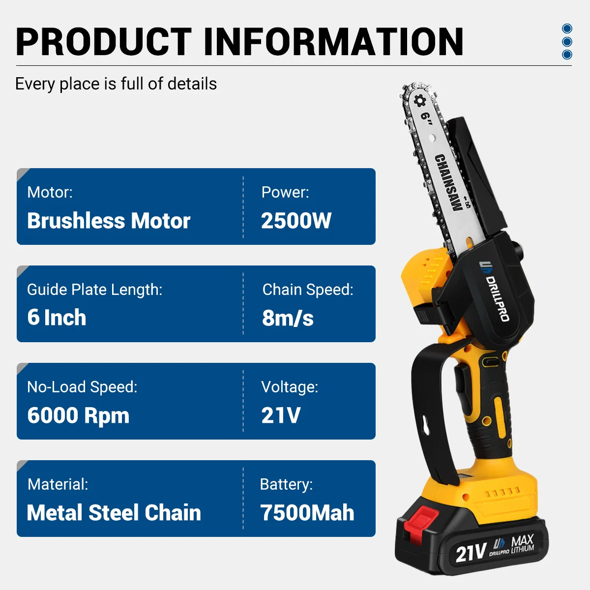 Drillpro 브러시리스 전기 체인톱, 무선 전기 체인톱, 목공 커터, 전정 로깅 전동 공구, 마키타 배터리용, 8 인치