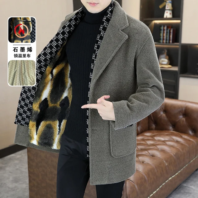 Men's Woolen Coats Fashion Thicken Mid Length Trench Turn Down Collar Warm Outerwear Business Casual Wool Liner Coat 2
