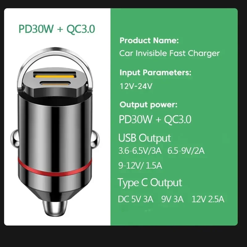 Car Charger 100W Dual Ports Mini USB Super Fast Charging Aluminum Alloy Phone Adapter Cigarette Socket 12-24V