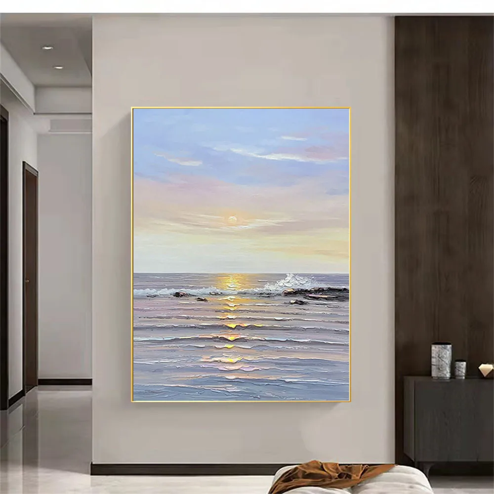 

100% Hand-Painted Abstract Oil Painting Blue Sea View Wave Band Sunrise Oil Painting Gray Canvas Room Decoration Fashion Minimal