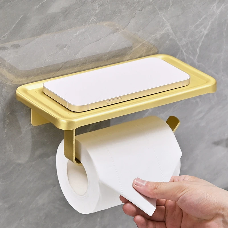 Space Aluminium Gold Toilet Paper Holder 1PC Bathroom Phone Storage Roll Paper Holder Punch/No Punch Wall Mounted Bathroom Shelf