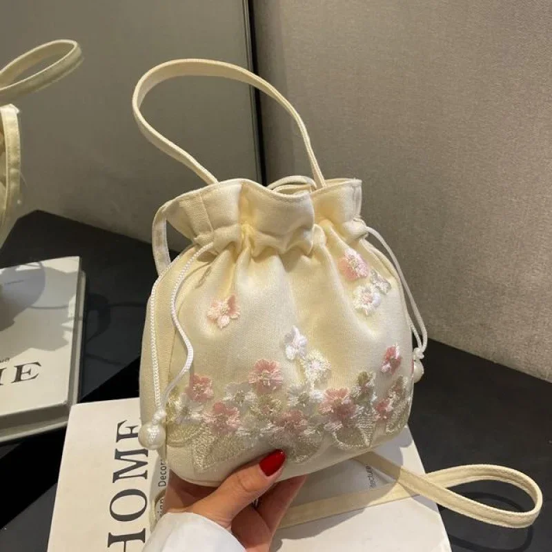 Drawstring Shoulder Cute Cartoon Embroidery Crossbody Bag
