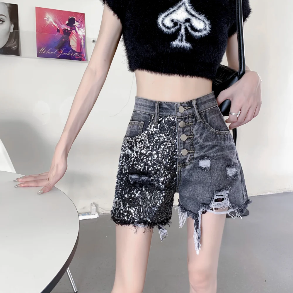 Summer New Sequin Denim Shorts Women Streetwear High Waist Straight Ripped Raw Edge Short Wide Leg Pants Feminino S-5XL