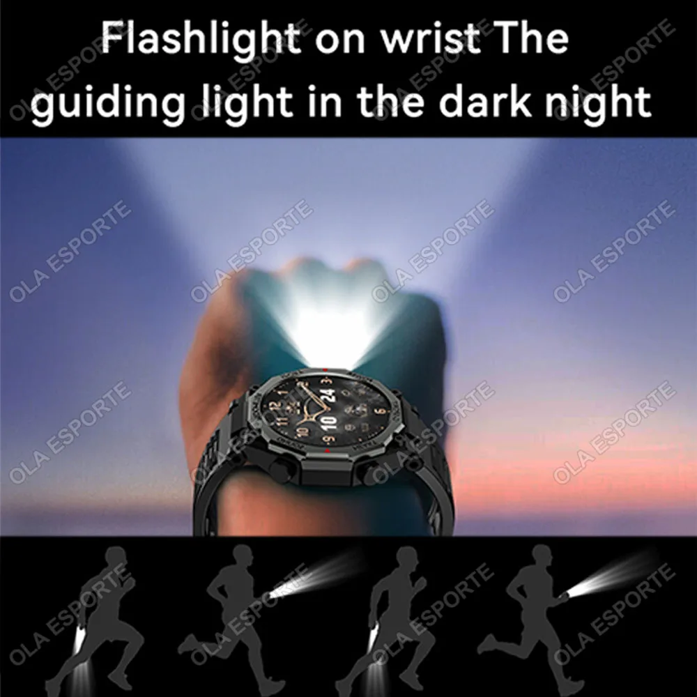 2025 LED Flashligt Outdoor Sport Smart Watch Men Health Monitor HD BT Call GPS Tracker Waterproof Military Bracelets Smartwatch 5