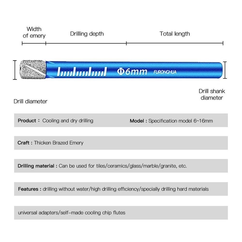 

Сверло для плитки, паяное сухое сверло для стекла для металлообработки, Круглый хвостовик, Алмазное алмазное сверло с алмазным покрытием